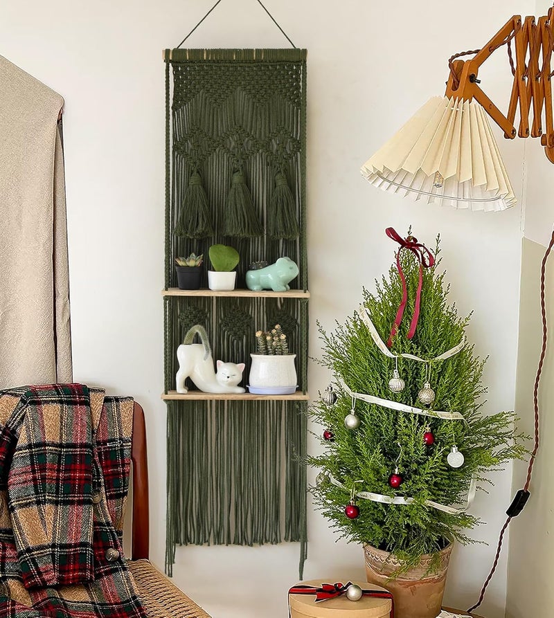 Flber Hanging Shelf Macrame Wall Hanging Green Boho Shelfs with Tassels 2 Tier Floating for Plants Bedroom Dorm Living Room Wall Decor Rustic Wooden Organizer(Wood) - Image 1